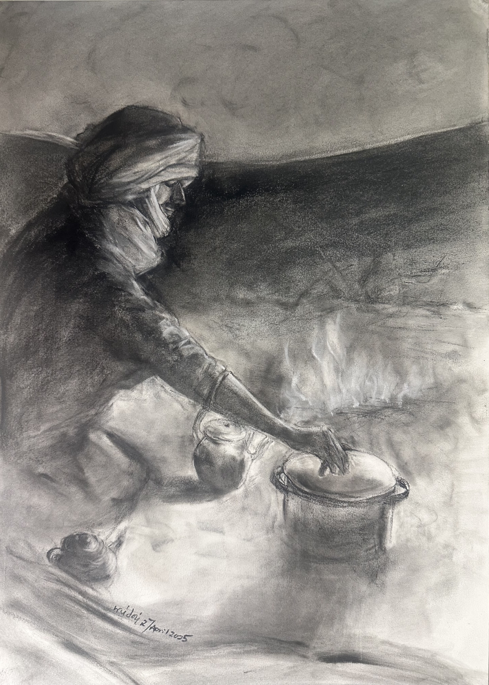 In the glow of flames